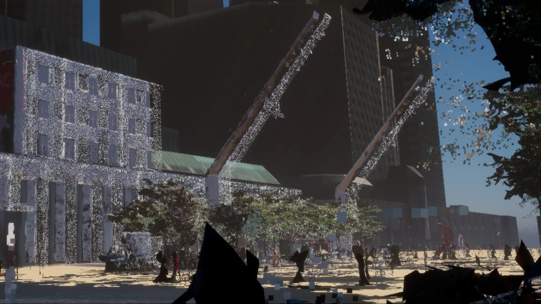Modélisation 3D pixelisée de la Place des Festivals de Montréal.