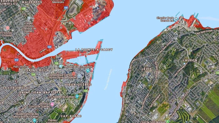 Carte des zones inondables en 2030 de la ville de Québec.