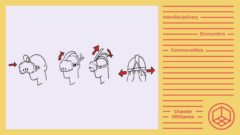 Drawing of how to wear a VR helmet.