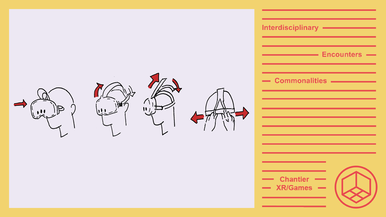Drawing of how to wear a VR helmet.